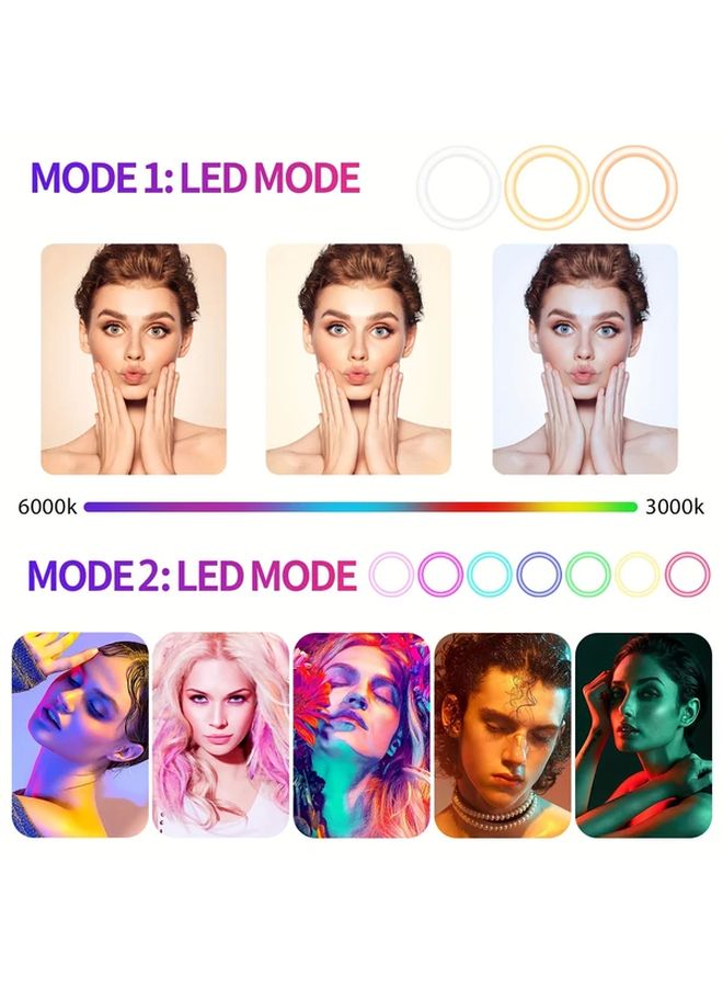 ضوء حلقة RGB أسود 10 بوصة مع حامل هاتف وستاند 38 وضع ألوان قابل للتعتيم بلا درجات - Image 3